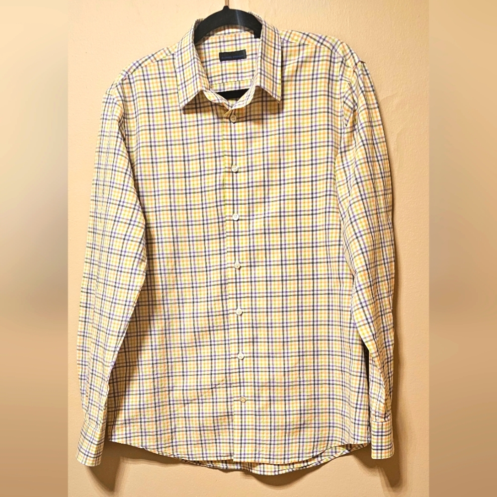 PATRICK ASSARAF Long Sleeve Button Down Check Men's Shirt, Large.
